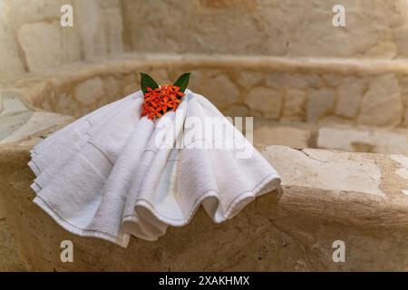 North America, Caribbean, Greater Antilles, Hispaniola Island, Dominican Republic, North Coast, Cabarete, Artfully folded towel in the bathroom at Natura Cabana Boutique Hotel Stock Photo