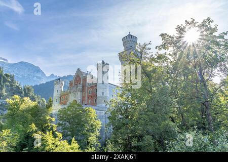 Europe, Germany, Southern Germany, Bavaria, Füssen, View of Neuschwanstein Castle on a sunny late summer day Stock Photo