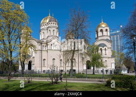 Cathedral of the Nativity of Christ, the largest Russian Orthodox church in the Baltic States, stands in the Esplanade Park in Riga, Latvia Stock Photo