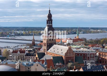 View from St. Peter's Church to Riga Old Town with cathedral, behind Daugova River, Vansu Bridge, Riga, Latvia Stock Photo