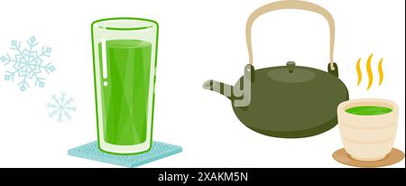 Cold green juice in a glass and hot green juice in a teacup Stock Vector