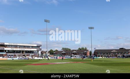 Derby, UK. 07th June, 2024. A general view of the ground ahead of start of play during the Vitality T20 Blast match between Derbyshire Falcons and Notts Outlaws at The County Ground, Derby, England on 7 June 2024. Photo by Stuart Leggett. Editorial use only, license required for commercial use. No use in betting, games or a single club/league/player publications. Credit: UK Sports Pics Ltd/Alamy Live News Stock Photo