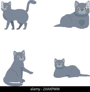 Collection of four cute cartoon grey cats with different poses and expressions on a white background Stock Vector