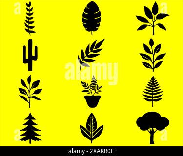 collection of various model of plants and trees icons in black. Stock Vector
