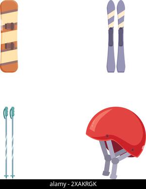 Collection of flat design icons featuring equipment for snowboarding and skiing Stock Vector