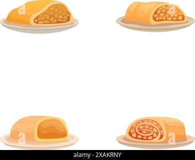 Set of four vector illustrations showcasing different filled bread rolls on plates Stock Vector
