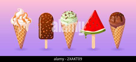 Vanilla, chocolate, mint or pistachio ice cream in a waffle cone with caramel or fruit topping. Popsicle with chocolate glaze and nuts. Summer cold de Stock Vector