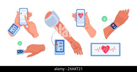 Home portable cuff and Wrist blood pressure monitor. Smartphone applications checking heart rhythm, smartwatch. Pulse oximeter. Cardio journal. Electr Stock Vector