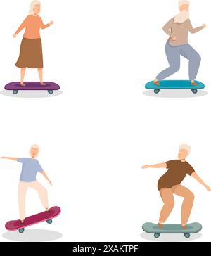 Collection of illustrations featuring energetic elderly individuals enjoying skateboarding Stock Vector