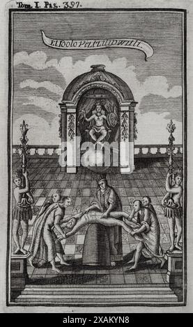 Idol Vitzliputzli (Huitzilopochtli). Mexican idol. Engraving. 'Historia de la Conquista de Mexico, poblacion, y progresos de la America septentrional, conocida por el nombre de Nueva Espana' (History of the Conquest of Mexico, population, and progress of northern America, known by the name of New Spain). Written by Antonio de Solis y Rivadeneryra (1610-1686), Chronicler of the Indies. Volume I. Edition published in Barcelona and divided into two volumes, 1771. King's printer: Thomas Piferrer. Historical Military Library of Barcelona. Catalonia, Spain. Stock Photo