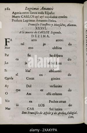 History of Spain. Decima to King Charles II's death by Francisco de Asprer y de Arenes. Tears of Love, shed by the eminent City of Barcelona.. in the magnificent mourning rituals dedicated to the beloved and venerated memory of her deceased King and Lord, don Carlos II… (''Lagrimas amantes de la excelentissima ciudad de Barcelona, con que agradecida a las reales finezas y beneficios, demuestra su amor y su dolor, en las magnificas exequias que celebro a las amadas y venerables memorias de su difunto Rey y Senor, D. Carlos II''). By Josep Rocaberti. Edition in Barcelona, in the printing of Juan Stock Photo