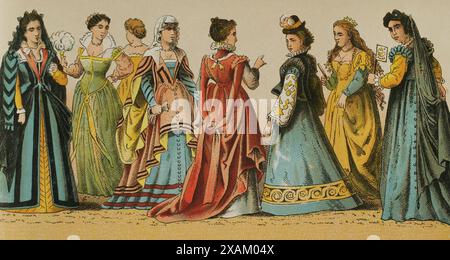 History of Italy. 1500-1600. Madam's dresses. 'Historia Universal', by Cesar Cantu. Volume VII, 1881. Stock Photo