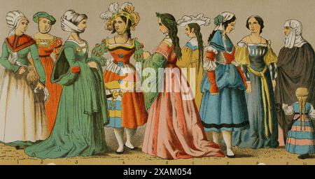 History of Germany. 1500-1550. Women's dresses from different social classes. Chromolithography. 'Historia Universal', by Cesar Cantu. Volume VII, 1881. Stock Photo