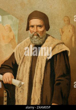 Michelangelo (Michelangelo Buonarroti) (1475-1564). Italian Renaissance painter, architect and sculptor. Portrait. Chromolithography. Historia Universal' by Cesar Cantu. Volume VIII. Published in Barcelona, 1886. Stock Photo