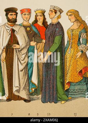 History of Germany. Middle Ages. 1200. From left to right, 7: Knight of the Teutonic Order, 8-9-10-11: noblewomen. Chromolithography. 'Historia Universal', by Cesar Cantu. Volume X, 1881. Stock Photo