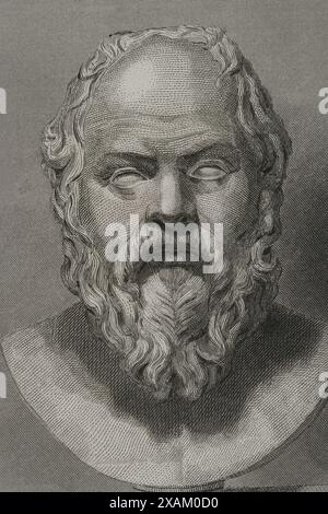 Socrates (469 BC - 399 BC). Greek philosopher. Portrait. Engraving. Detail. 'Historia Universal', by Cesar Cantu. Volume I, 1854. Stock Photo