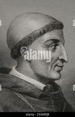 Francisco Jimenez de Cisneros, known as Cardinal Cisneros (1436-1517). Cardinal, archbishop of Toledo, Primate of Spain and 3rd General Inquisitor of Castile. Portrait. Engraving. Detail. 'Historia Universal', by Cesar Cantu. Volume IV, 1856. Stock Photo