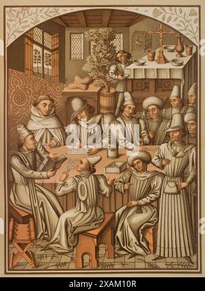 Settlement of accounts by the Brotherhood of "Charite-Dieu and Notre-Dame of the Recovery of Rouen", 1466. Chromolithography after a miniature from the "Livre des comptes" of the Society, 15th-century manuscript. "Moeurs, usages et costumes au moyen-age et a l'epoque de la Renaissance", by Paul Lacroix. Paris, 1878. Stock Photo