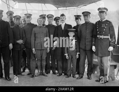 Cuban officers on the Cuba, 1913. Shows officers of the ship Cuba, who were in New York City to take part in the unveiling ceremonies for the memorial to the battleship Maine, which had exploded in the harbor of Havana, Cuba, during the Spanish-American War of 1898. In 1913, the monument was placed at the Columbus Circle and 59th Street entrance to Central Park in New York City. Stock Photo