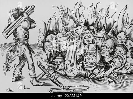 The Jews of Cologne burnt alive on the night of 23-24 August 1349. Facsimile from an engraving in 'Liber Chronicarum Mundi'. Nuremberg, 1493. 'Moeurs, usages et costumes au moyen-age et a l'epoque de la Renaissance', by Paul Lacroix. Paris, 1878. Stock Photo