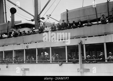 On the Imperator, 1913. Shows the S.S. Imperator, an ocean liner of the Hamburg America Line in New York City. The Imperator arrived in New York City on June 19, 1913. Stock Photo