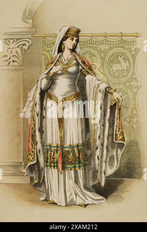 Noblewoman from the time of the reign of Emperor Frederick Barbarossa (1155-1199). Chromolithography. 'Historia Universal', by Cesar Canto. Volume V, 1884. Stock Photo