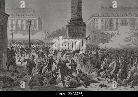 France. Paris Commune. Popular revolutionary movement that took power in Paris from 18 March to 28 May 1871, during the Franco-Prussian War. Massacre of supporters of the ''Party of Order'' (conservatives) in the Place Vendome in Paris, 22 March 1871. The so-called ''Friends of Order'', also ''Friends of Peace'', held a demonstration in front of the headquarters of the National Guard, demanding the expulsion of the headquarters of the ''federates'' from the Place Vendome. They disarmed and attacked two sentries, provoking the reaction of two hundred federates in the square, who clashed with th Stock Photo