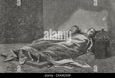 France. Paris Commune. Popular revolutionary movement that took power in Paris from 18 March to 28 May 1871, during the Franco-Prussian War. Corpses of the French generals Claude Lecomte (1817-1871) and Jacques Leon Clement-Thomas (1809-1871). They were pelted with rocks and lynched on 18 March 1871 at the local headquarters of the National Guard, at the ballroom of the Chateau Rouge, and then taken to 6 Rue des Rosiers in Montmartre by a group called The Committee of Vigilance of the 18th arrondissement, who demanded that they be tried and executed. Engraving by Ovejero. ''Historia de la Guer Stock Photo