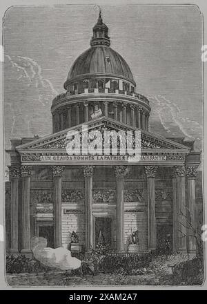 France. Paris Commune. Popular revolutionary movement that took power in Paris from 18 March to 28 May 1871, as a result of the Franco-Prussian War. Storming of the streets of Paris. Defence of the Pantheon barricade. Engraving. 'Historia de la Guerra de Francia y Prusia' (History of the War between France and Prussia). Volume II. Published in Barcelona, 1871. Stock Photo