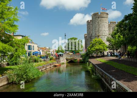 Spring day at Westgate Gardens in Canterbury, England. Westgate Towers in the distance. Stock Photo