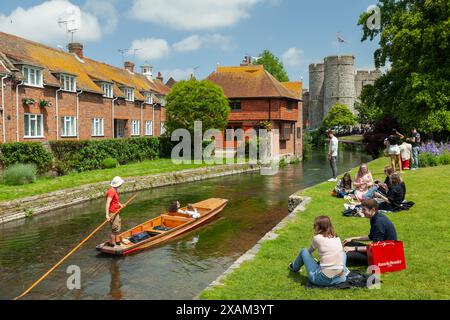 Spring day at Westgate Gardens in Canterbury, England. Westgate Towers loom in the distance. Stock Photo