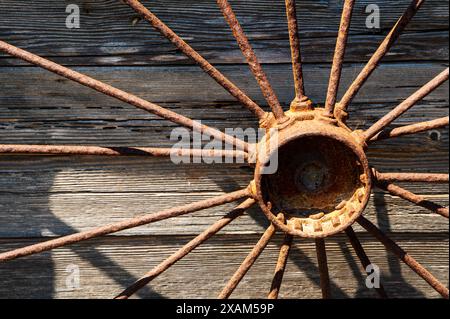 Rusted, old antique wagon wheel; Scorpion Ranch c 1800; Santa Cruz Island; Channel Islands National Park; California; USA Stock Photo