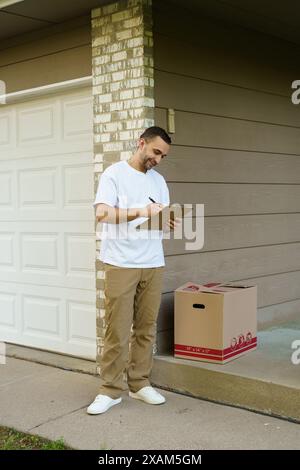 home delivery service, mail, people and shipment concept - man with parcel box ringing customers door bell Stock Photo