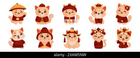 Adorable cartoon cats wearing traditional Chinese clothing, perfect for festive and cultural themes. Stock Vector