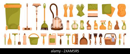 Illustration of various cartoon cleaning tools and supplies, including brooms, gloves, detergents, and brushes, in a whimsical style. Stock Vector