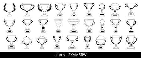 Black and white illustrations of different trophy designs, ideal for awards, achievements, and recognition themes. Stock Vector