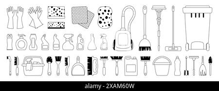 Vector illustrations of various cleaning supplies and tools, ideal for housekeeping, hygiene, and sanitation themes. Stock Vector