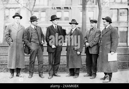 I.W.W. Committee--Sullivan, Caron, Plunkett, Turner, Milo Woolman, between c1910 and c1915. Shows members of the Industrial Workers of the World (IWW), who were involved in the Lexington Avenue bombing of July 4, 1914, New York City. Group includes Arthur Caron and Charles Plunkett. Stock Photo