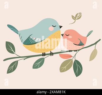 three bird sits on the tree branch vector illustration Stock Vector