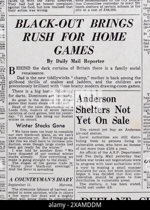 "Black-out brings rush for home games" headline in the Daily Mail (replica) 4th September 1939, on the outbreak of World War Two. Stock Photo