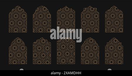 Oriental shape gold windows, doors with mashrabiya pattern. Arabian islamic arhitecture elements on dark background. Stock Vector