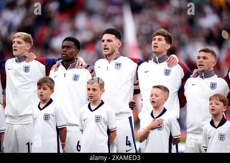l-r; England’s Anthony Gordon, Marc Guehi, Declan Rice, John Stones and Kieran Trippier during an international friendly at Wembley Stadium, London. Picture date: Friday June 7, 2024. Stock Photo