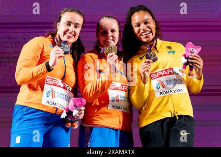 Rome, Italy. 07th June, 2024. ROME, ITALY - JUNE 7: Jorinde van Klinken of the Netherlands, Jessica Schilder of the Netherlands and Yemisi Ogunleye of Germany during the podium ceremony after competing in the Shot Put Women during Day One of the European Athletics Championships - Rome 2024 at Stadio Olimpico on June 7, 2024 in Rome, Italy. (Photo by Joris Verwijst/BSR Agency) Credit: BSR Agency/Alamy Live News Stock Photo