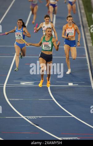 Rome, Italy. 07th June, 2024. Sharlene MAWDSLEY, looking  surprised, crosses the finishing line to help Ireland win the gold medal in the 4x400m mixed relay at the European Athletics Championship to Gold at the European Athletics Championship in Rome Credit: Mark Easton/Alamy Live News Stock Photo