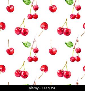 Hand-drawn cherries with leaves in a seamless pattern. Ideal for summer themes, textiles, and wallpapers. Stock Photo