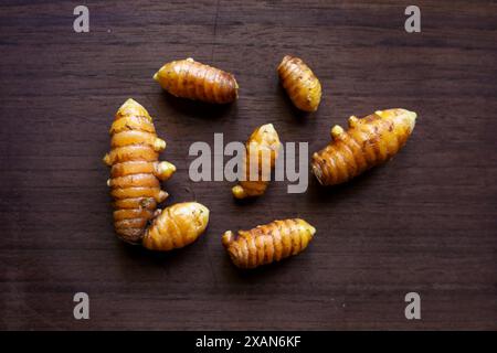 group of fresh turmeric roots on a wooden surface Stock Photo
