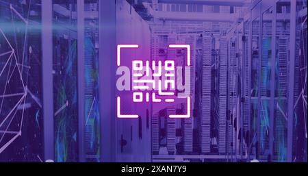 Image of neon qr code over server room in violet Stock Photo
