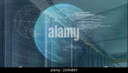 Image of globe, connected dots forming globes and programming language over data server racks Stock Photo