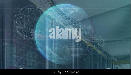 Image of globe, connected dots forming globes and programming language over data server racks Stock Photo