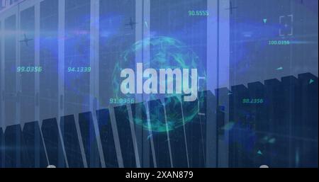 Image of globe rotating and multiple graphs with numbers over data server racks Stock Photo